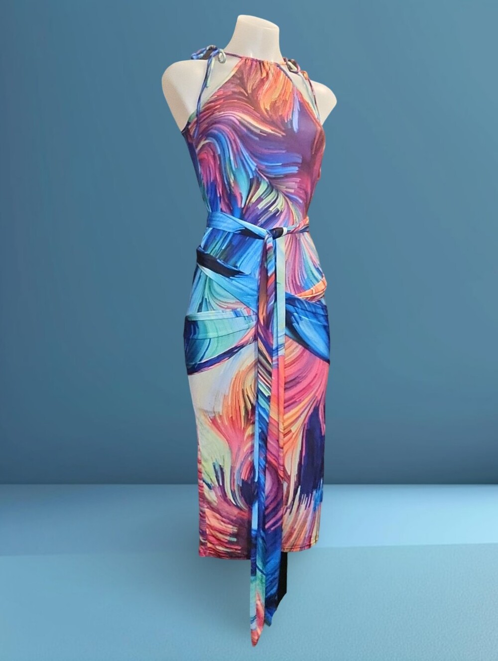 POSH by V Abstract Halter Dress 14' w a seperate Wrap so many styling options SM - Picture 7 of 10